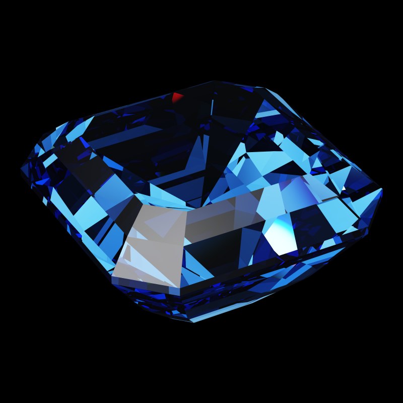 The Radiant Square Cut in sapphire, rendered at an angle in our 3D Gemstone Simulator under studio light