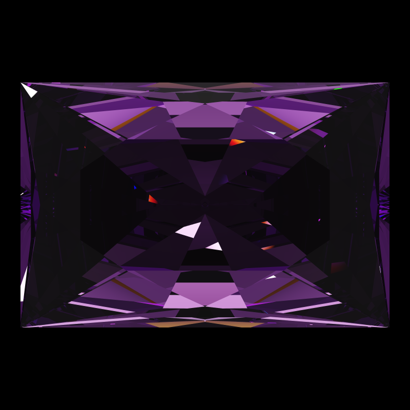 Rectangle cut in amethyst face-up under a single bright light: a render from our simulator, its coloured flashes are the fire (score 50)