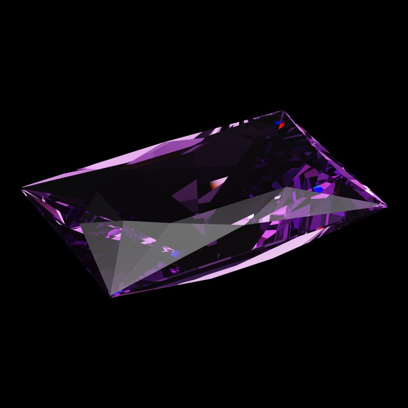 The Rectangle Cut in amethyst, rendered at an angle in our 3D Gemstone Simulator under studio light