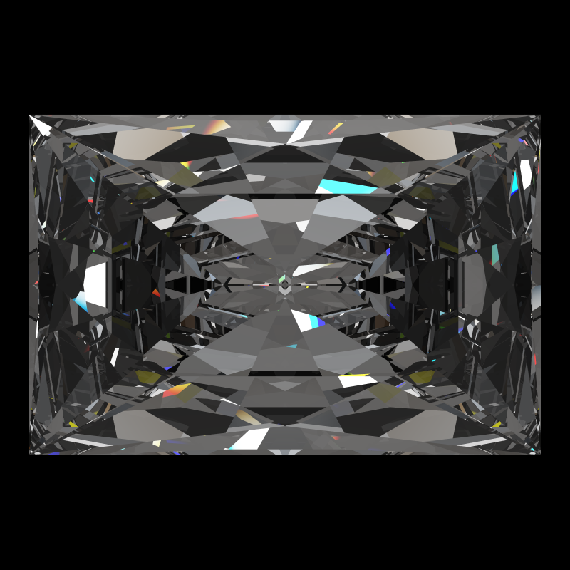 Rectangle cut in cubic zirconia face-up under a single bright light: a render from our simulator, its coloured flashes are the fire (score 87)