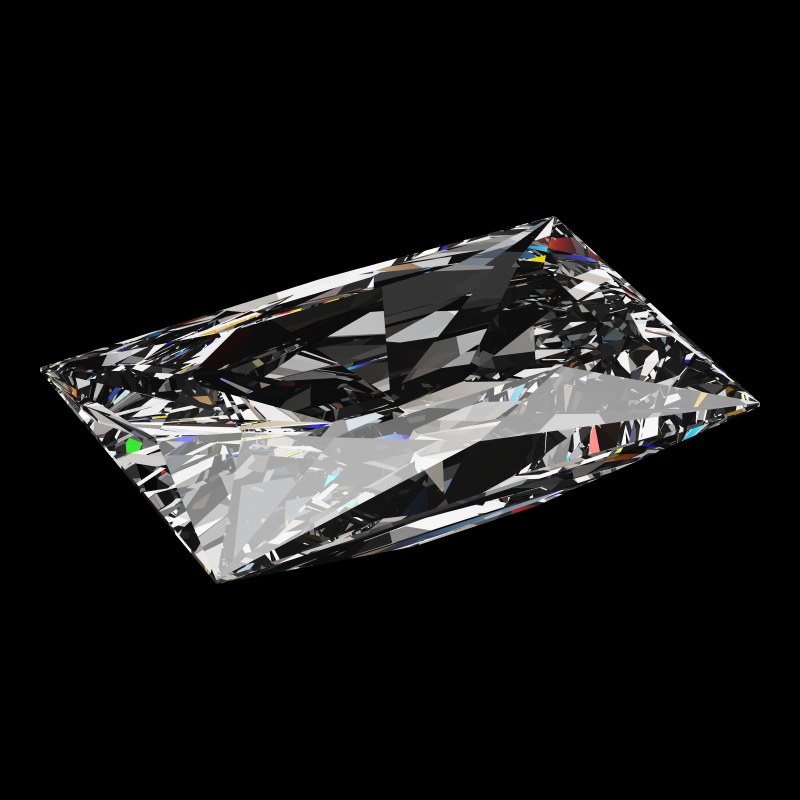The Rectangle Cut in cubic zirconia, rendered at an angle in our 3D Gemstone Simulator under studio light