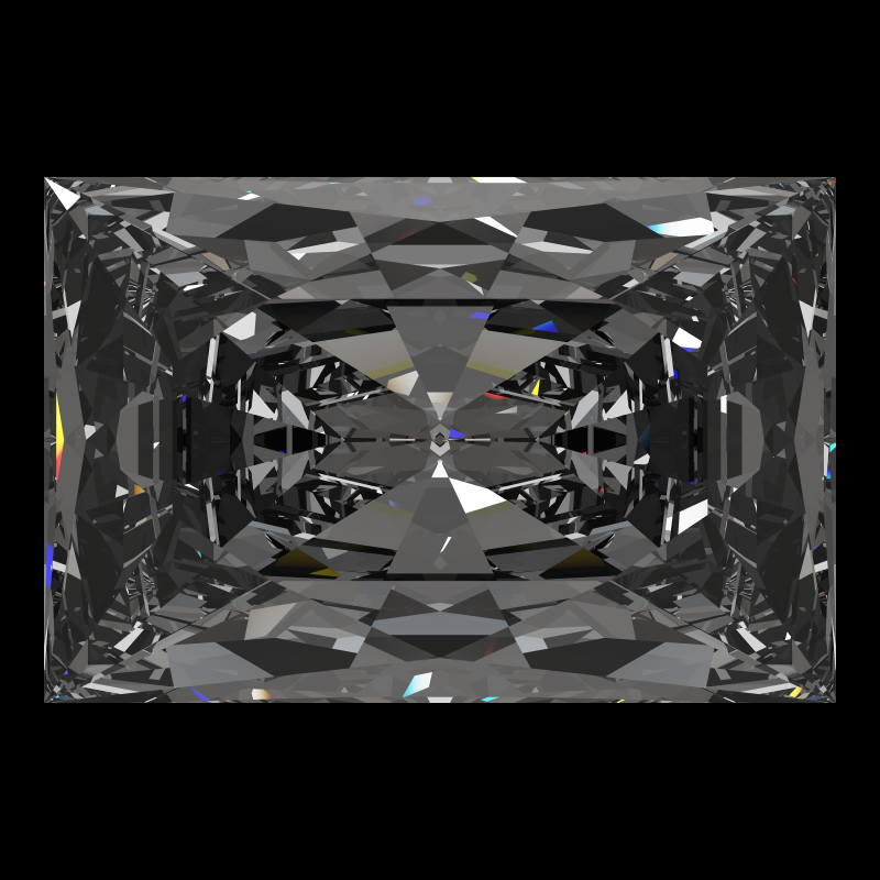 Rectangle cut in diamond face-up under a single bright light: a render from our simulator, its coloured flashes are the fire (score 77)