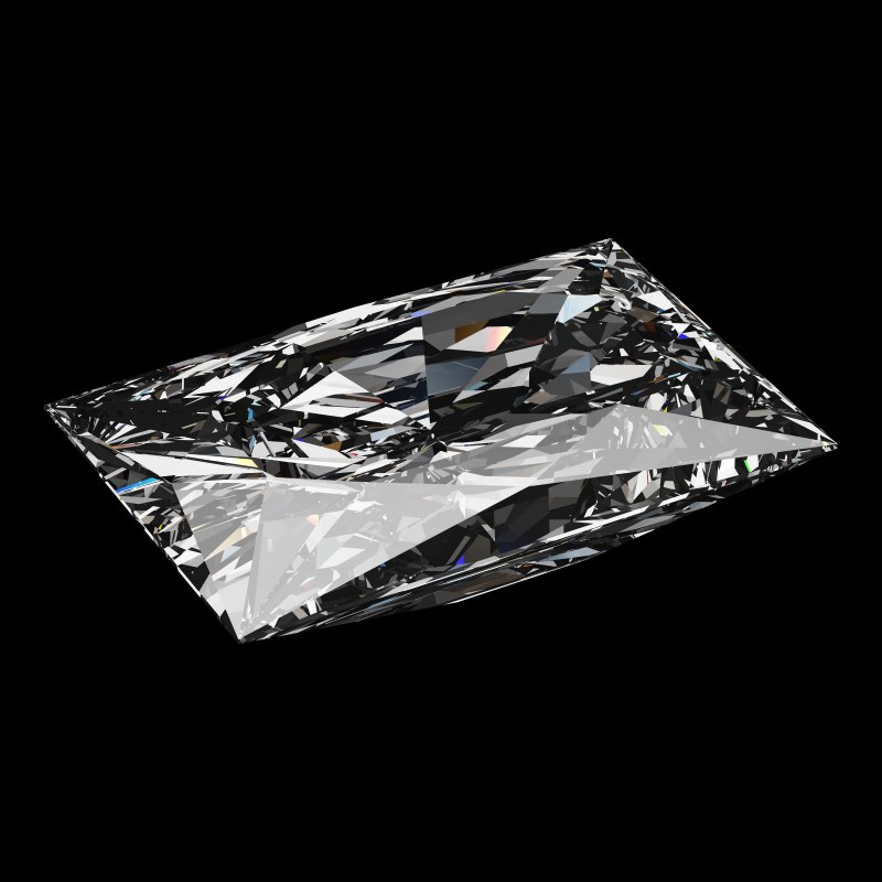 The Rectangle Cut in diamond, rendered at an angle in our 3D Gemstone Simulator under studio light