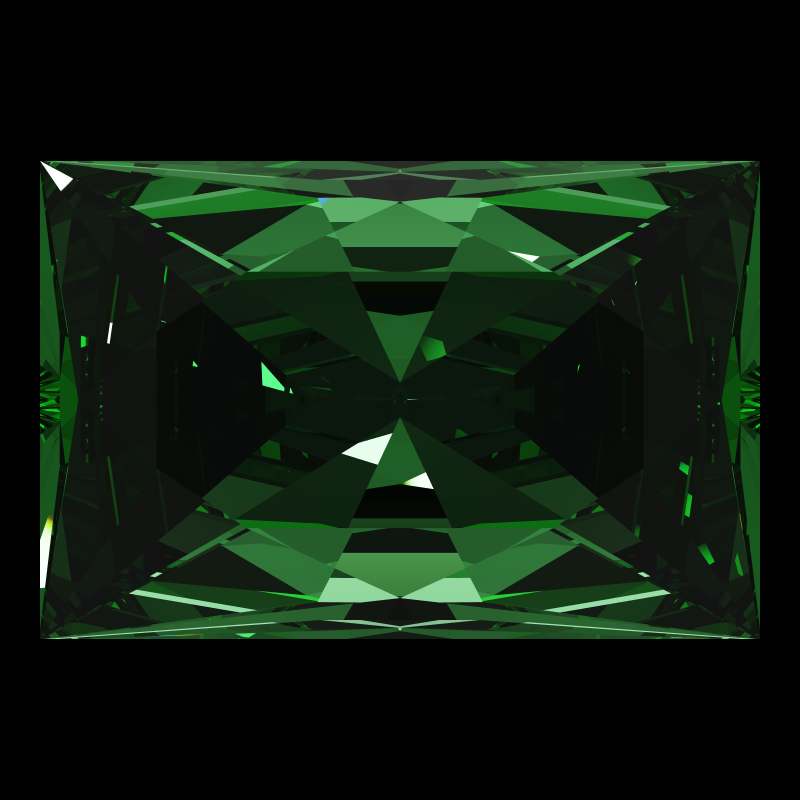 Rectangle cut in emerald face-up under a single bright light: a render from our simulator, its coloured flashes are the fire (score 55)