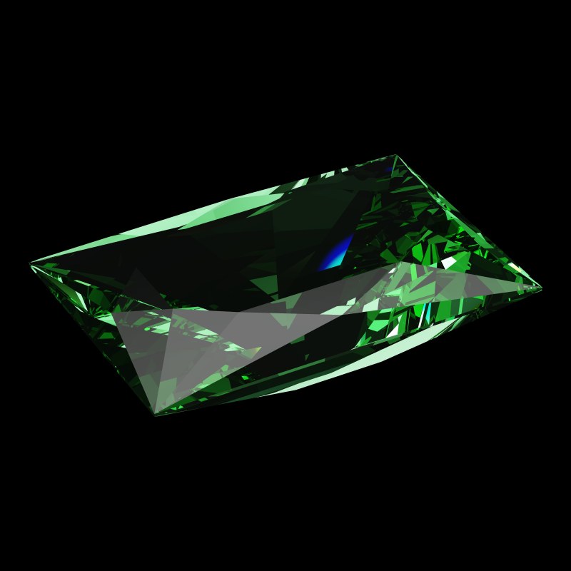 The Rectangle Cut in emerald, rendered at an angle in our 3D Gemstone Simulator under studio light