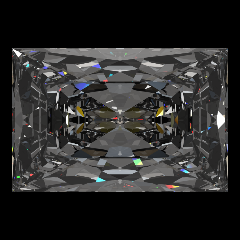 Rectangle cut in moissanite face-up under a single bright light: a render from our simulator, its coloured flashes are the fire (score 90)