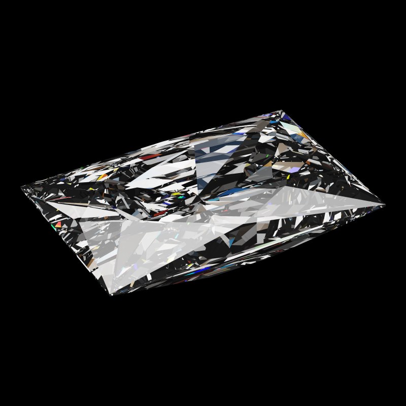 The Rectangle Cut in moissanite, rendered at an angle in our 3D Gemstone Simulator under studio light