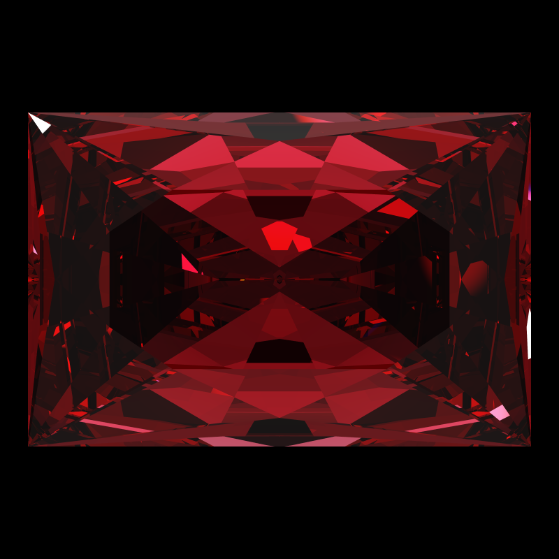 Rectangle cut in ruby face-up under a single bright light: a render from our simulator, its coloured flashes are the fire (score 58)