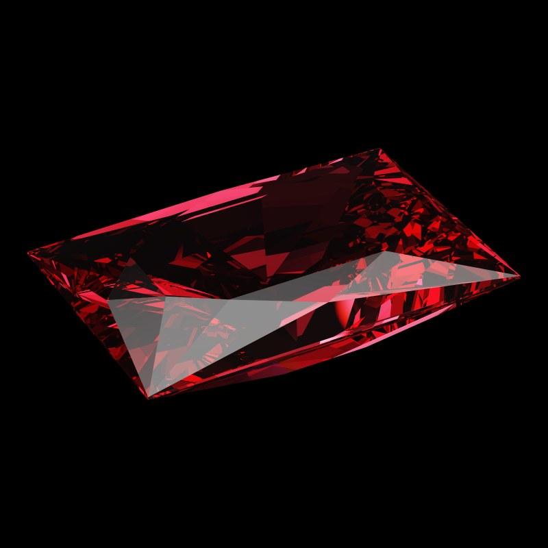 The Rectangle Cut in ruby, rendered at an angle in our 3D Gemstone Simulator under studio light