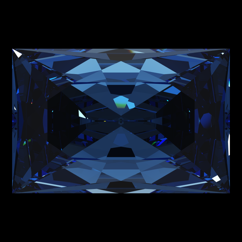 Rectangle cut in sapphire face-up under a single bright light: a render from our simulator, its coloured flashes are the fire (score 58)