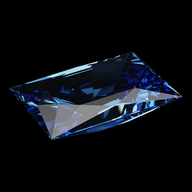 The Rectangle Cut in sapphire, rendered at an angle in our 3D Gemstone Simulator under studio light