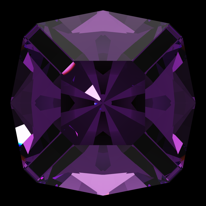 Square cut in amethyst face-up under a single bright light: a render from our simulator, its coloured flashes are the fire (score 34)