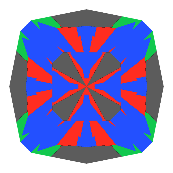 Square cut in amethyst face-up Light Return map: red, green and blue show where the light returns from, grey shows where it leaks (Brilliance 65)