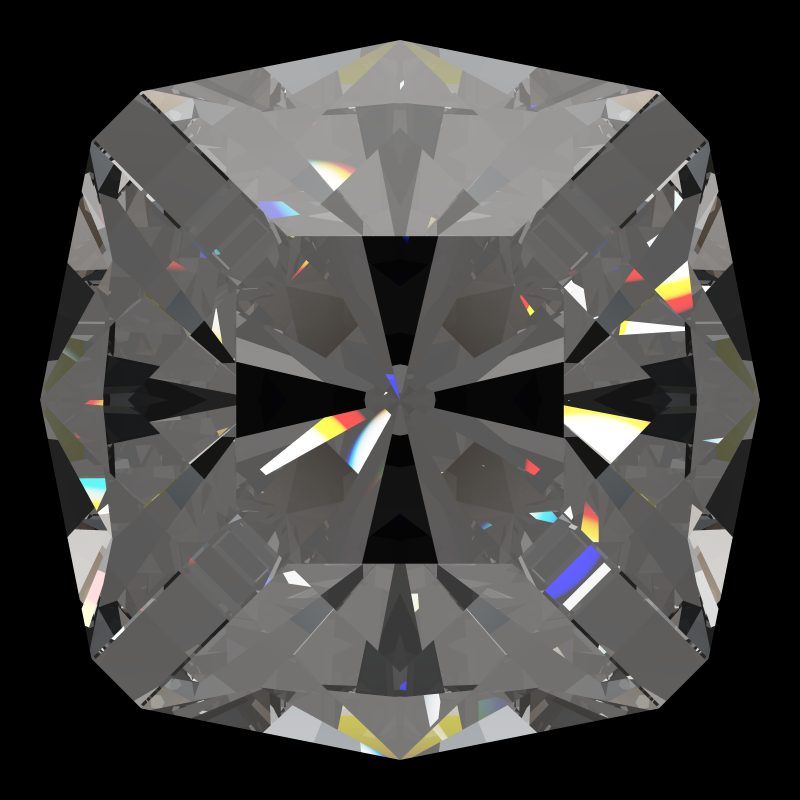 Square cut in cubic zirconia face-up under a single bright light: a render from our simulator, its coloured flashes are the fire (score 83)