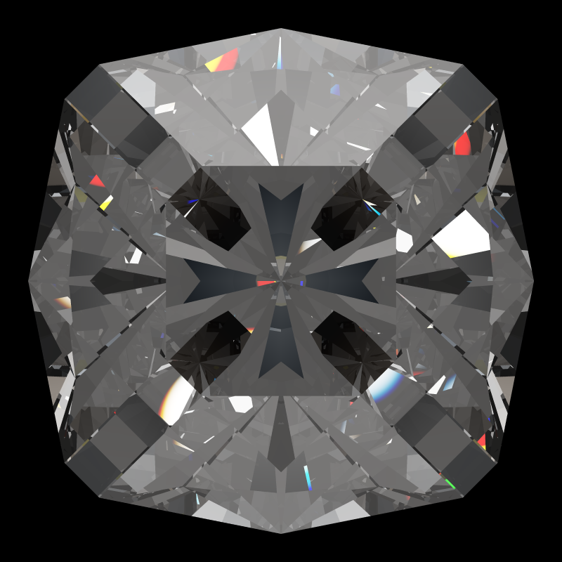 Square cut in diamond face-up under a single bright light: a render from our simulator, its coloured flashes are the fire (score 72)