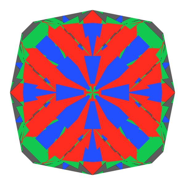 Square cut in diamond face-up Light Return map: red, green and blue show where the light returns from, grey shows where it leaks (Brilliance 85)