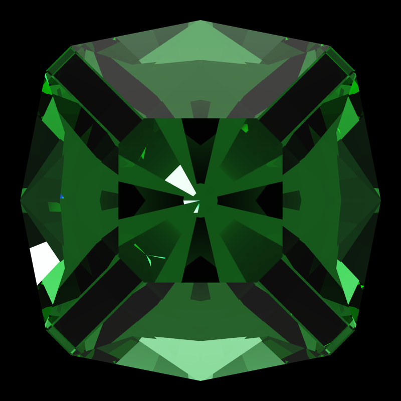 Square cut in emerald face-up under a single bright light: a render from our simulator, its coloured flashes are the fire (score 38)