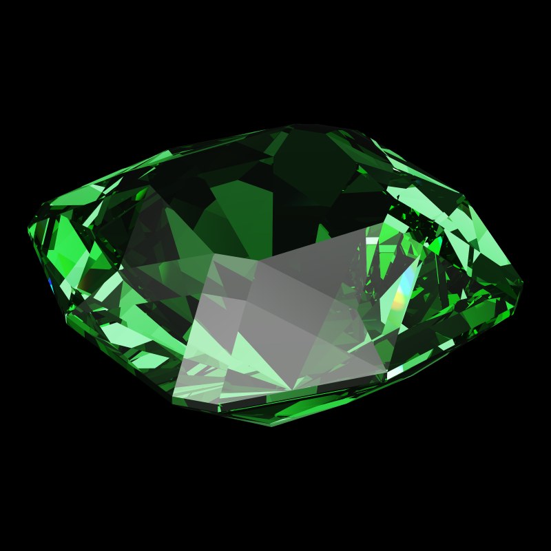 The Square Cut in emerald, rendered at an angle in our 3D Gemstone Simulator under studio light