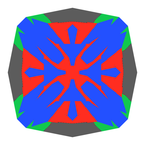Square cut in emerald face-up Light Return map: red, green and blue show where the light returns from, grey shows where it leaks (Brilliance 68)