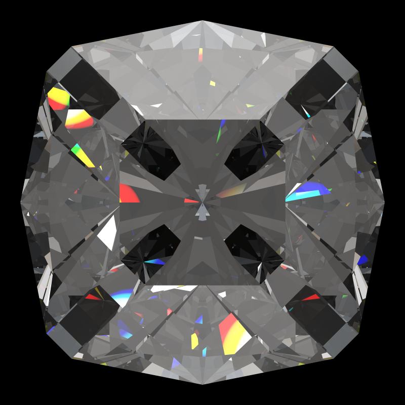 Square cut in moissanite face-up under a single bright light: a render from our simulator, its coloured flashes are the fire (score 91)