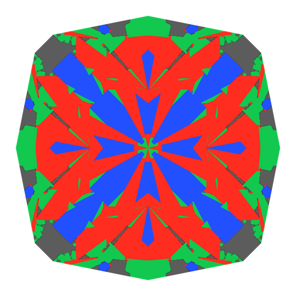 Square cut in moissanite face-up Light Return map: red, green and blue show where the light returns from, grey shows where it leaks (Brilliance 82)