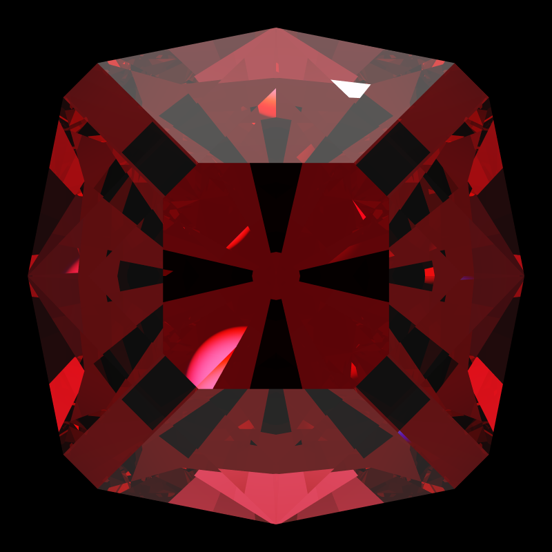 Square cut in ruby face-up under a single bright light: a render from our simulator, its coloured flashes are the fire (score 45)