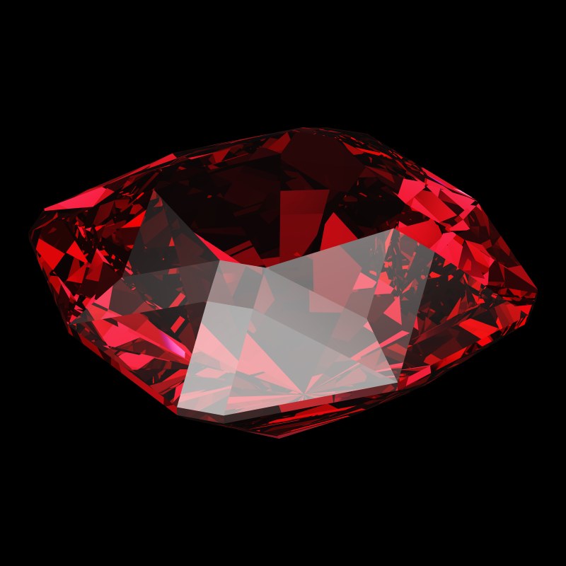 The Square Cut in ruby, rendered at an angle in our 3D Gemstone Simulator under studio light