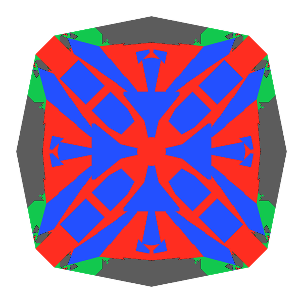 Square cut in ruby face-up Light Return map: red, green and blue show where the light returns from, grey shows where it leaks (Brilliance 78)
