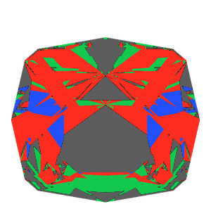 Square cut in ruby tilted 30 degrees: Light Return map, 32% of the face leaking