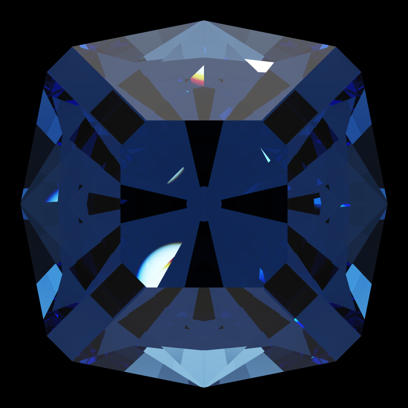 Square cut in sapphire face-up under a single bright light: a render from our simulator, its coloured flashes are the fire (score 45)