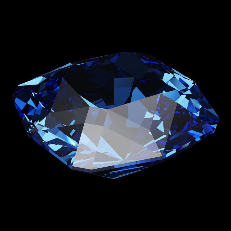 The Square Cut in sapphire, rendered at an angle in our 3D Gemstone Simulator under studio light