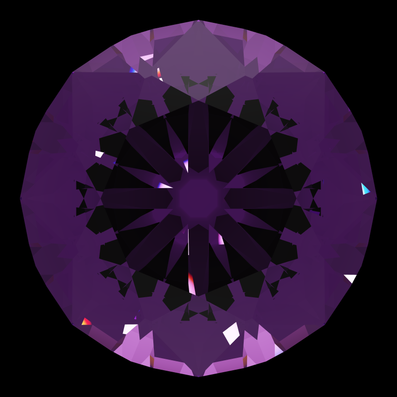 T105 round brilliant in amethyst face-up under a single bright light: a render from our simulator, its coloured flashes are the fire (score 31)