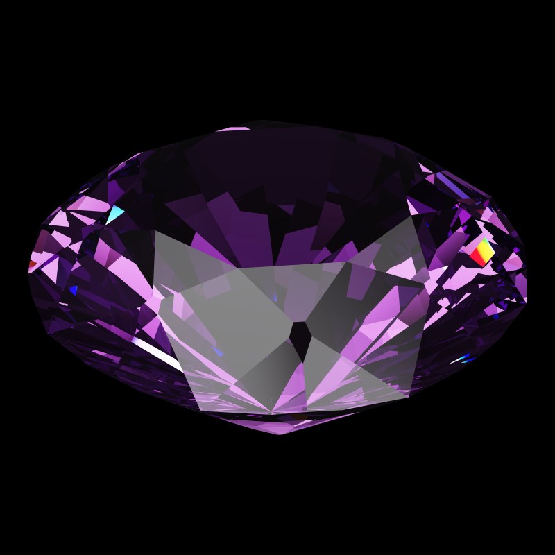 The T105 Round Brilliant in amethyst, rendered at an angle in our 3D Gemstone Simulator under studio light