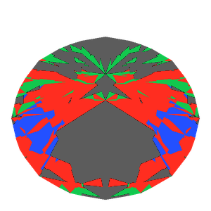 T105 round brilliant in amethyst tilted 30 degrees: Light Return map, 43% of the face leaking