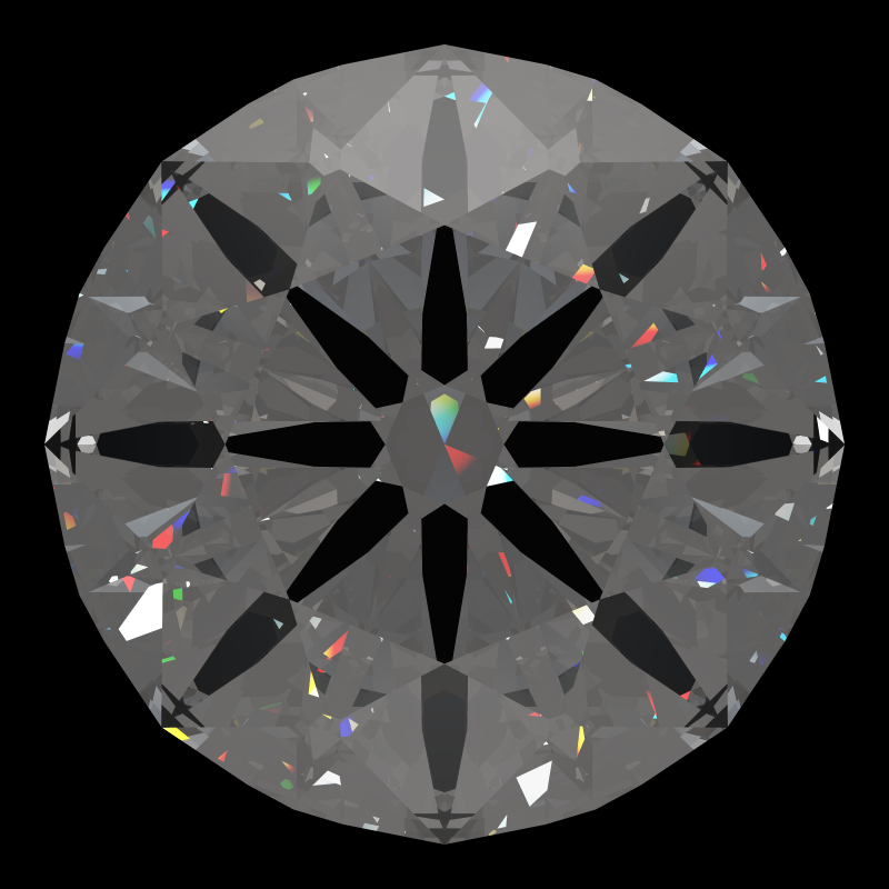 T105 round brilliant in cubic zirconia face-up under a single bright light: a render from our simulator, its coloured flashes are the fire (score 85)