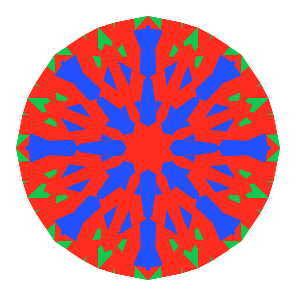 T105 round brilliant in cubic zirconia face-up Light Return map: red, green and blue show where the light returns from, grey shows where it leaks (Brilliance 98)