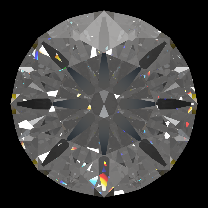 T105 round brilliant in diamond face-up under a single bright light: a render from our simulator, its coloured flashes are the fire (score 77)