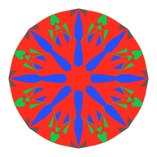T105 round brilliant in diamond face-up Light Return map: red, green and blue show where the light returns from, grey shows where it leaks (Brilliance 95)