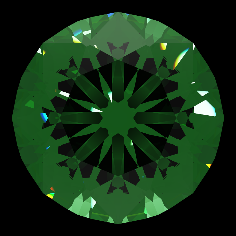T105 round brilliant in emerald face-up under a single bright light: a render from our simulator, its coloured flashes are the fire (score 34)