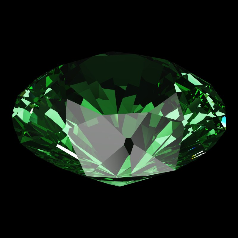 The T105 Round Brilliant in emerald, rendered at an angle in our 3D Gemstone Simulator under studio light