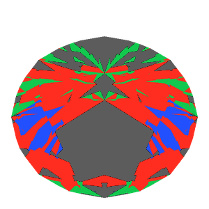 T105 round brilliant in emerald tilted 30 degrees: Light Return map, 37% of the face leaking