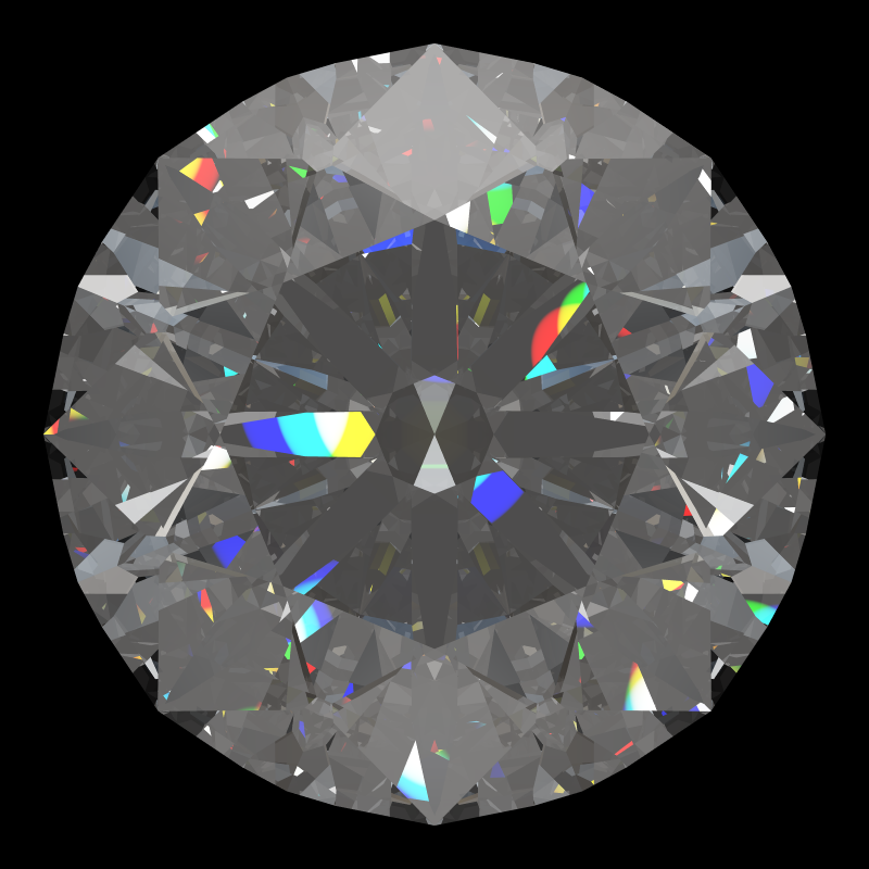 T105 round brilliant in moissanite face-up under a single bright light: a render from our simulator, its coloured flashes are the fire (score 97)