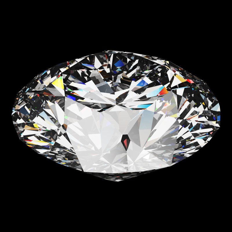 The T105 Round Brilliant in moissanite, rendered at an angle in our 3D Gemstone Simulator under studio light