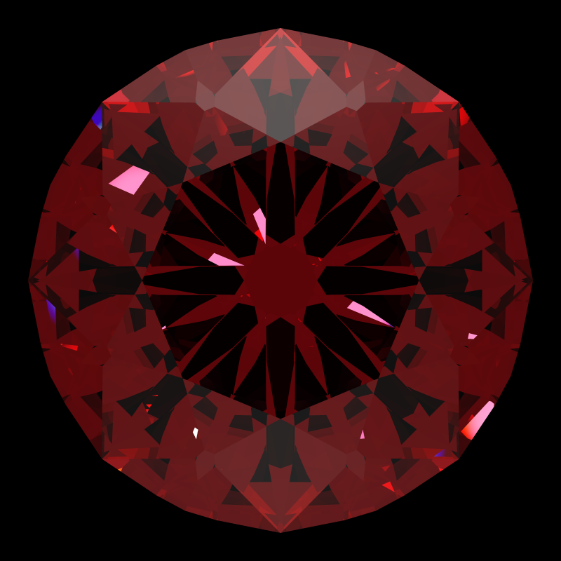 T105 round brilliant in ruby face-up under a single bright light: a render from our simulator, its coloured flashes are the fire (score 36)