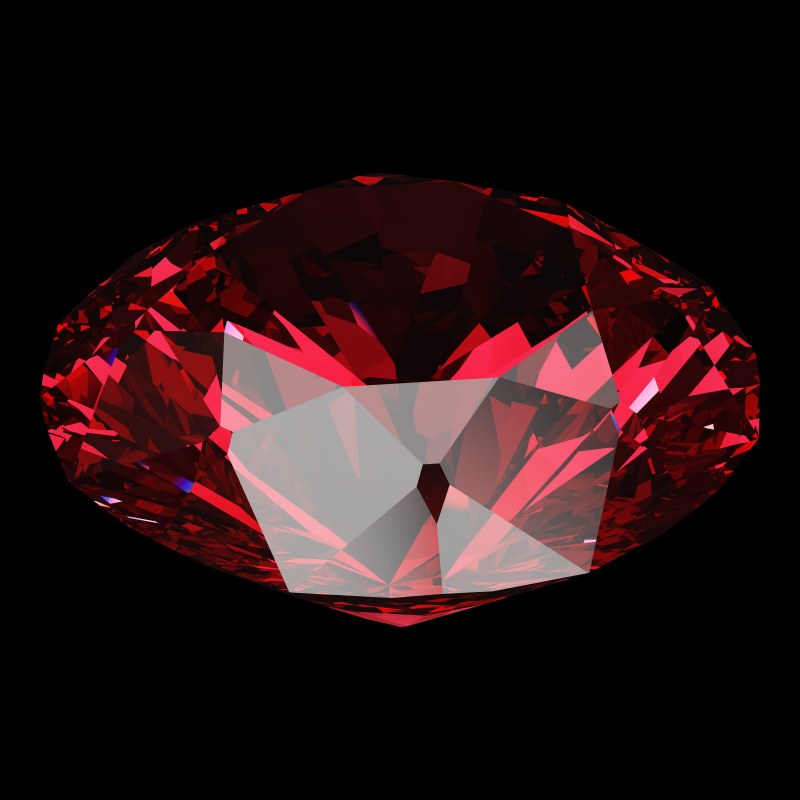 The T105 Round Brilliant in ruby, rendered at an angle in our 3D Gemstone Simulator under studio light