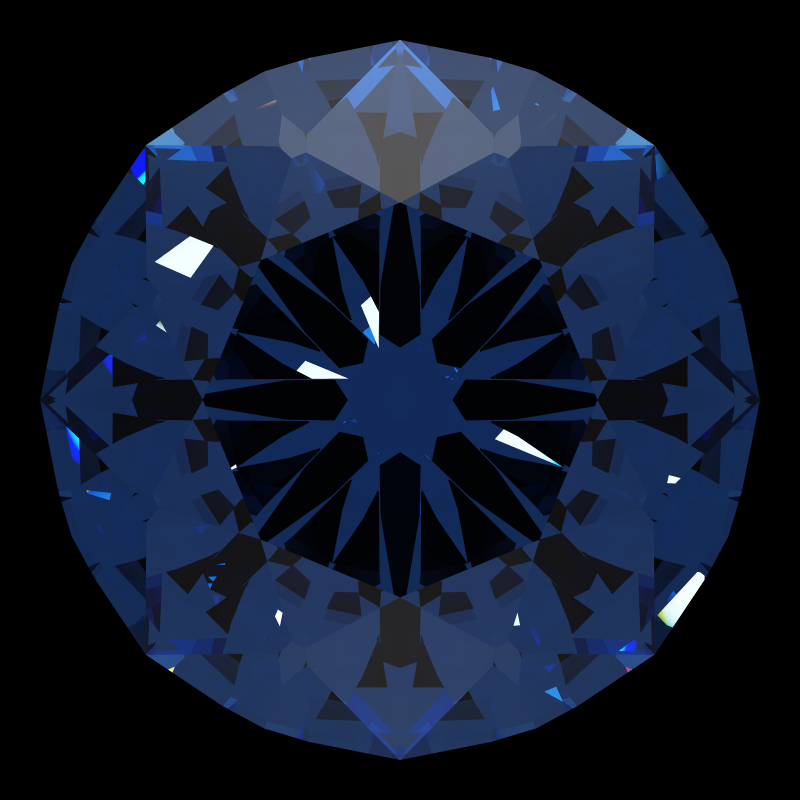 T105 round brilliant in sapphire face-up under a single bright light: a render from our simulator, its coloured flashes are the fire (score 36)