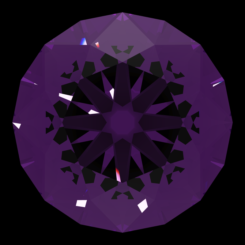 T57 round brilliant in amethyst face-up under a single bright light: a render from our simulator, its coloured flashes are the fire (score 37)