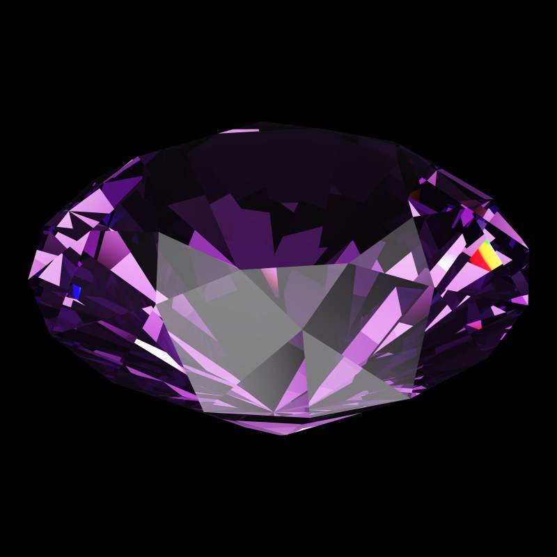 The T57 Round Brilliant in amethyst, rendered at an angle in our 3D Gemstone Simulator under studio light