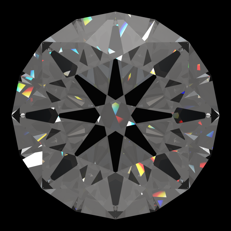T57 round brilliant in cubic zirconia face-up under a single bright light: a render from our simulator, its coloured flashes are the fire (score 87)