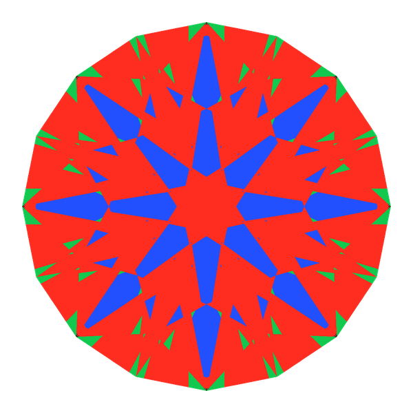 T57 round brilliant in cubic zirconia face-up Light Return map: red, green and blue show where the light returns from, grey shows where it leaks (Brilliance 98)
